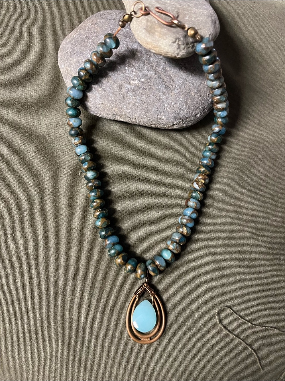 Handmade Blue Beaded Necklace with Teardrop Pendant in antique brass 8” drop,